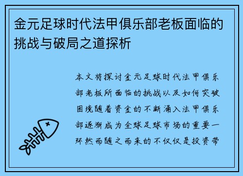 金元足球时代法甲俱乐部老板面临的挑战与破局之道探析