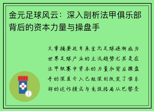 金元足球风云：深入剖析法甲俱乐部背后的资本力量与操盘手