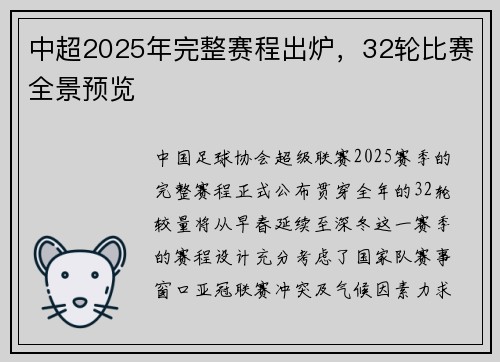 中超2025年完整赛程出炉，32轮比赛全景预览
