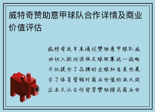 威特奇赞助意甲球队合作详情及商业价值评估